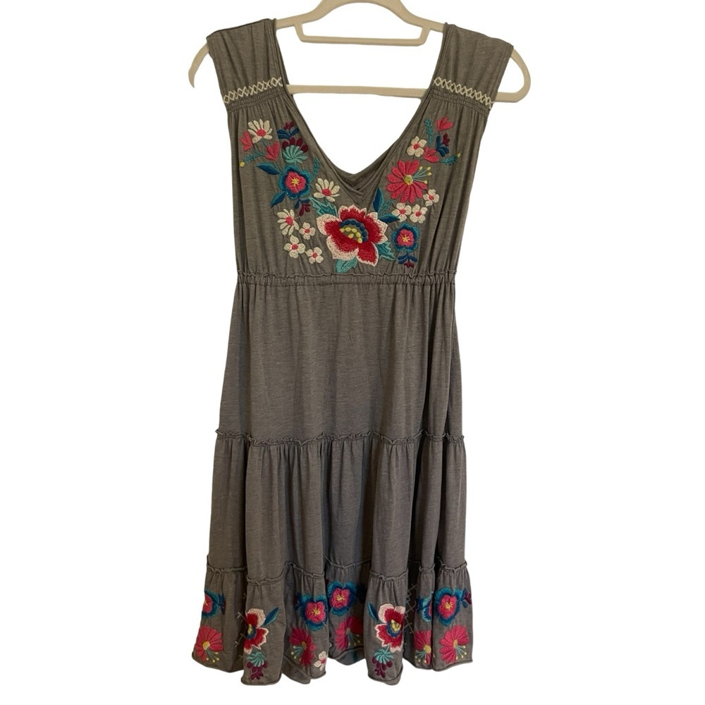 Johnny Was Gray Floral Embroidered Tiered Dress
